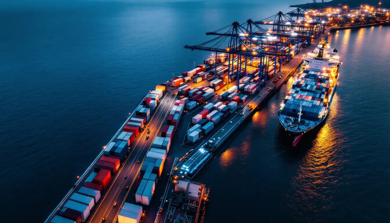 Tank containers lined up on the quay of a container port at dusk, with a ship alongside
