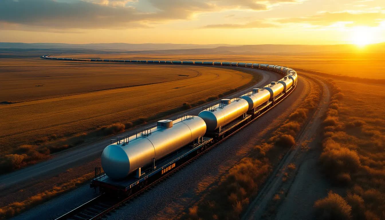 Freight train carrying tanks across open plains at sunset