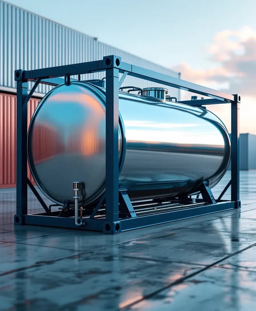 Stainless steel T11 tank container in a blue steel frame